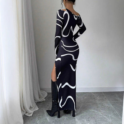 One-shoulder Bodycon Maxi Dress - Graffiti Print Asymmetric