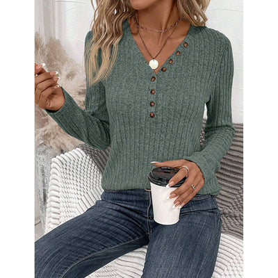 Ribbed V-Neck Tunic - Slim Fit Button-Down Top