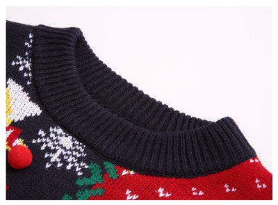 Women's navy Christmas knit sweater collar with snowflake patterns and red hem