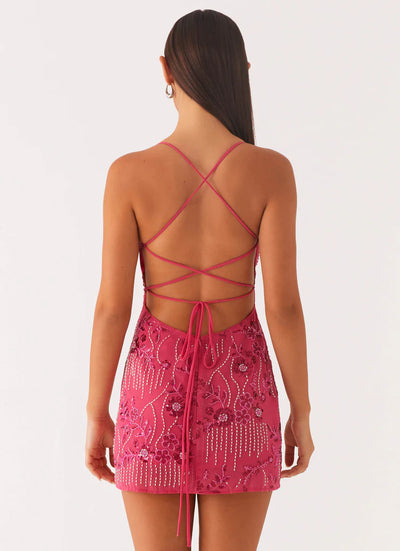 Sequined Mini Dress - Embroidered Backless Sling Party Dress