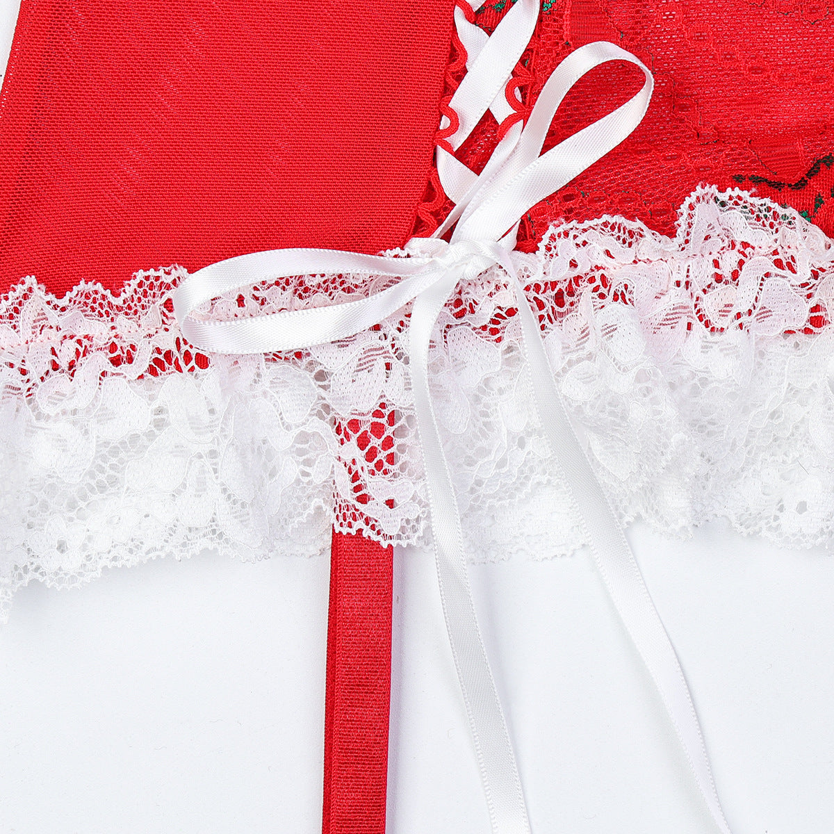 Red lace garter with white ribbon bow and feather-trim