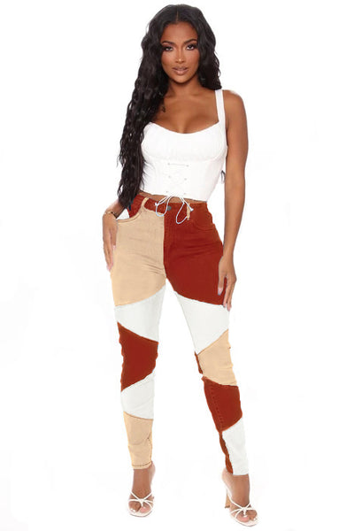Autumn new blue and black two-color splicing trendy cotton washed denim high waisted plus size women's clothing