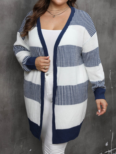 Plus-size striped knit cardigan sweater coat, front view, white and navy blue blocks