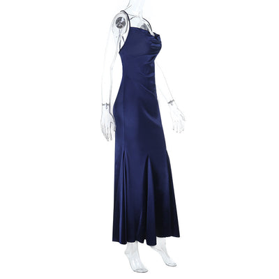 Satin Evening Dress - Backless Halter Maxi - Fashions Envy