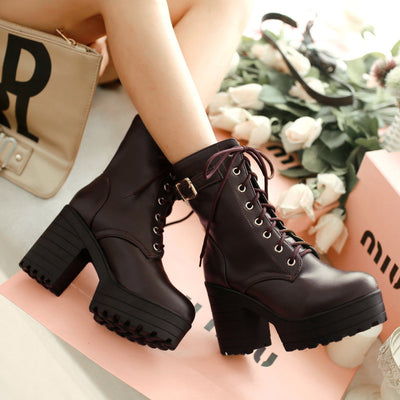 Chunky Heel Boots - Square Toe Martin Boot Style