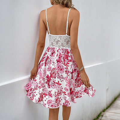 Floral Lace Bodice Mini Dress - Cutout Waist Spaghetti Strap