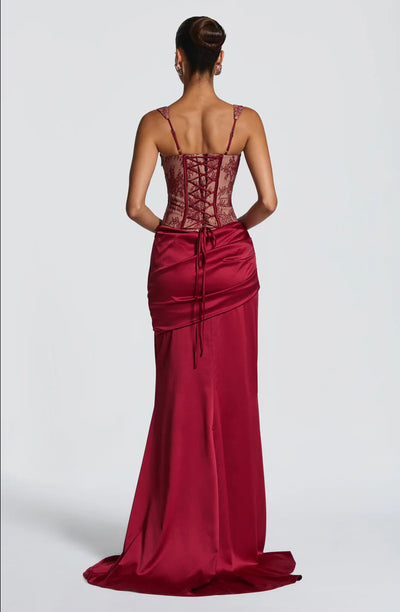 Lace Corset Top and Maxi Skirt Set - Ruched Satin-Look Finish