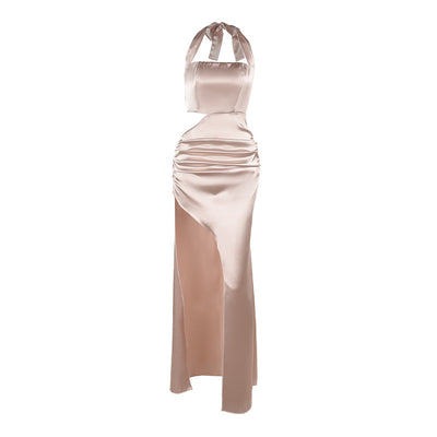 Champagne Satin Halter Maxi Dress - Cutout Waist Ruched Slit Mermaid Gown