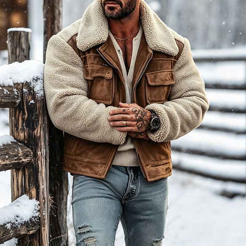 Mens Shearling-Blend Suede-Lined Lapel Zip Jacket