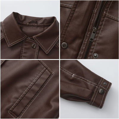 Faux leather jacket close-up showing stand collar, contrast stitching, and zipper placket