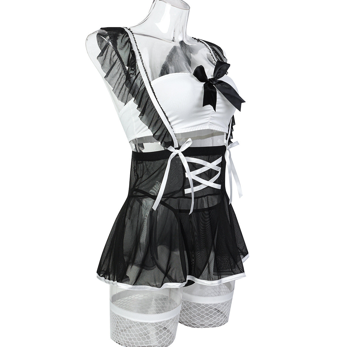 Black maid lingerie dress on mannequin with ruffled trim, lace-up ribbon front, and fishnet tops