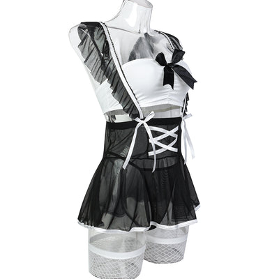 Black maid lingerie dress on mannequin with ruffled trim, lace-up ribbon front, and fishnet tops
