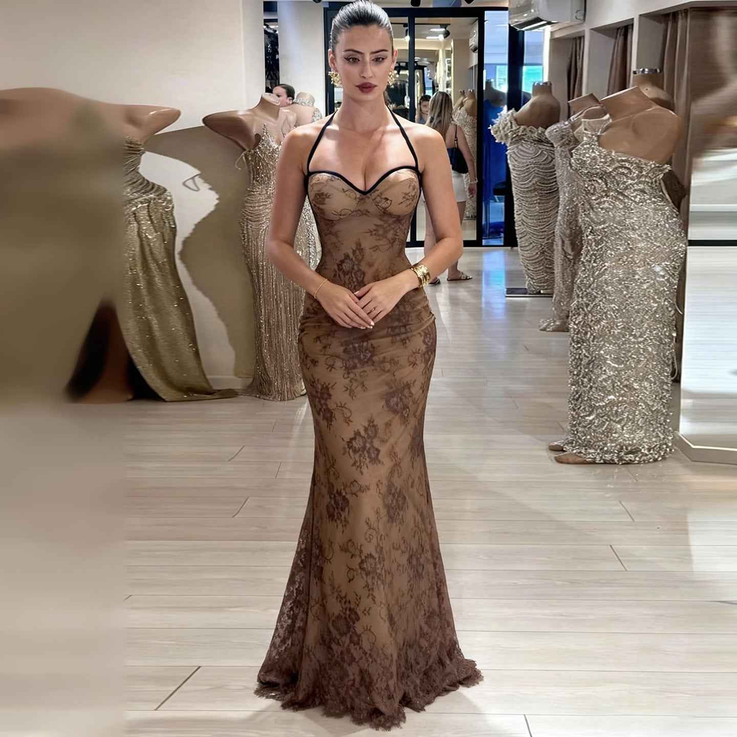 Lace dress maxi dress - crochet spicy girl sexy sweetheart neck