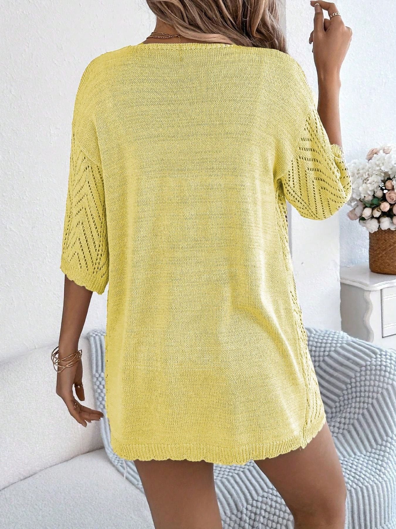 Women's Lightweight Open Front Knit Cardigan - Chevron Pointelle