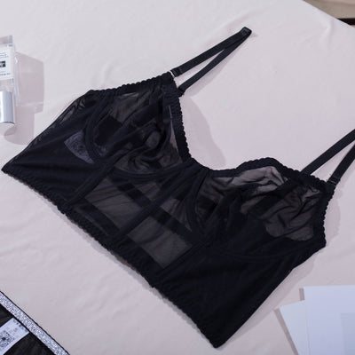 Black sheer mesh lingerie set with center bow detail and matching thong