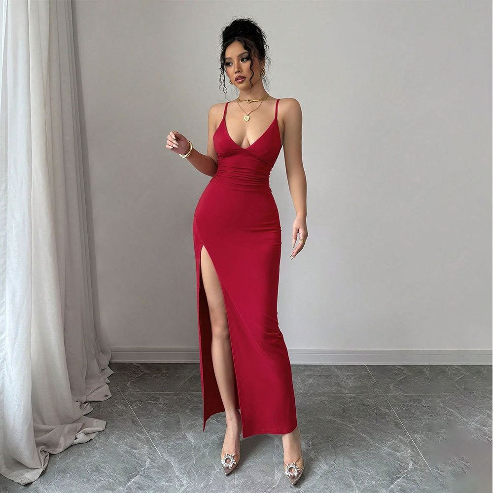 Red Spaghetti Strap Maxi Dress - Deep V Ruched Slit