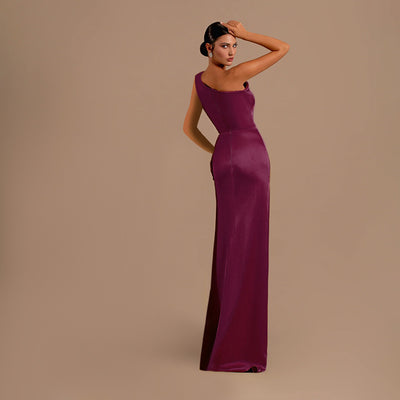 Satin Evening Dress - Formal Slit One Shoulder - Fashions Envy