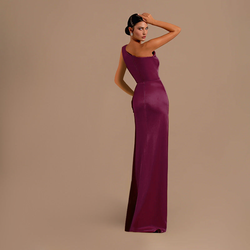 Satin Evening Dress - Formal Slit One Shoulder - Fashions Envy