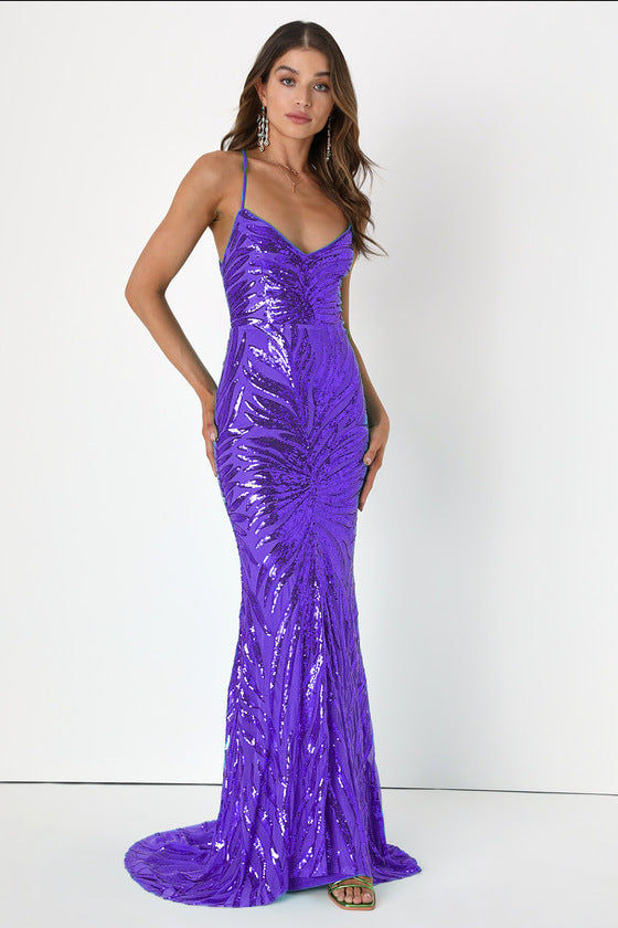 Spaghetti Strap Sequin Dress - Mermaid Maxi Party Gown