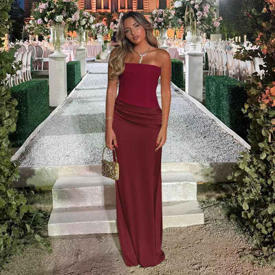 Burgundy Strapless Satin Maxi Dress - Slim Fit Prom Gown