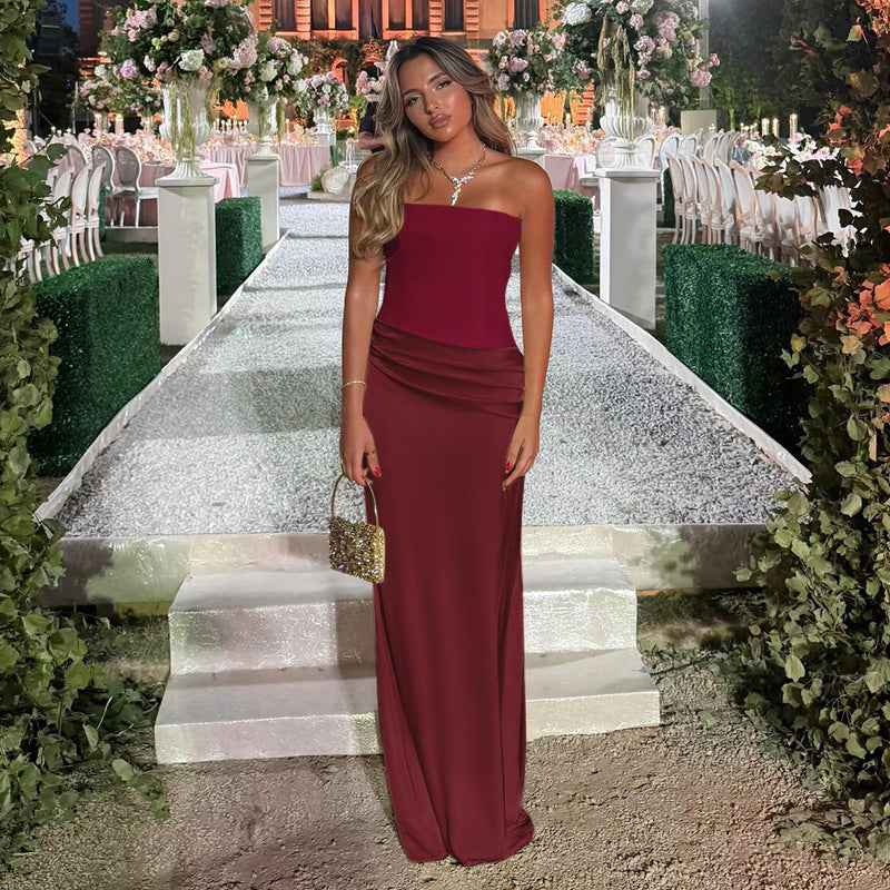 Burgundy Strapless Satin Maxi Dress - Slim Fit Prom Gown