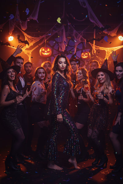 Woman wearing Halloween carnival disco note jumpsuit in black with multicolor icons, flared legs