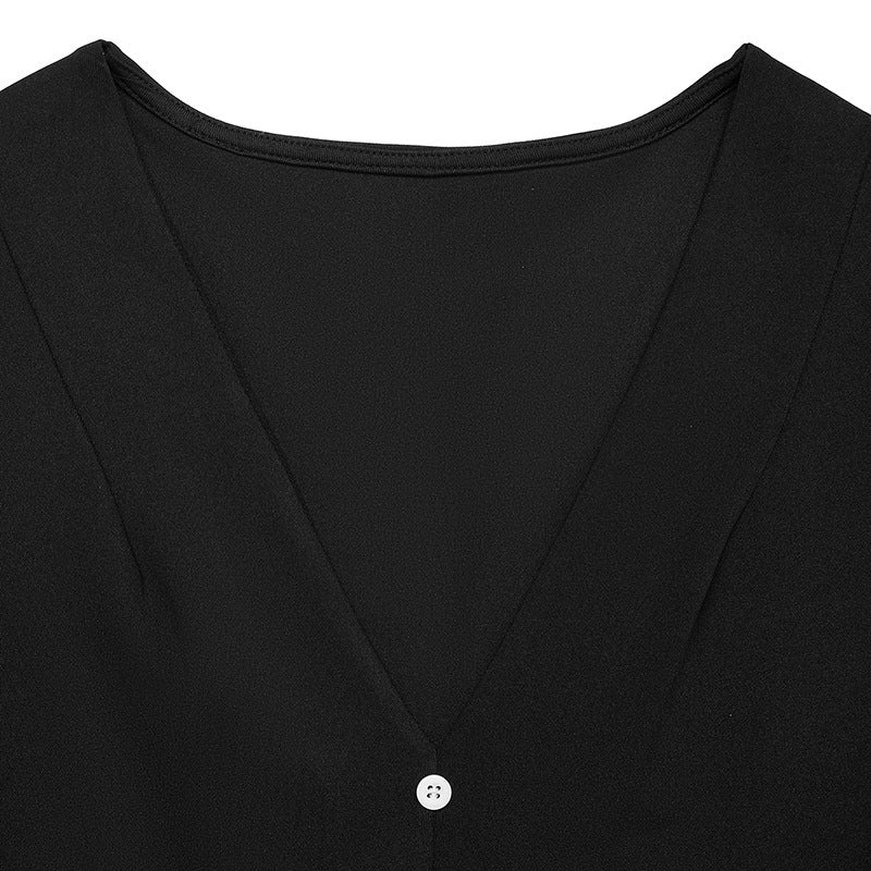Black V-neck dress bodice with button placket and curved seam lines