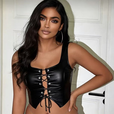 Black Leather Crop Vest - PU Strap Top Party Style