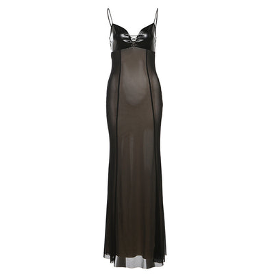 Mesh Splicing Bodycon Dress - Sexy Sleeveless Maxi
