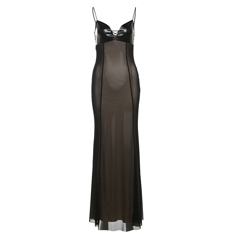 Mesh Splicing Bodycon Dress - Sexy Sleeveless Maxi