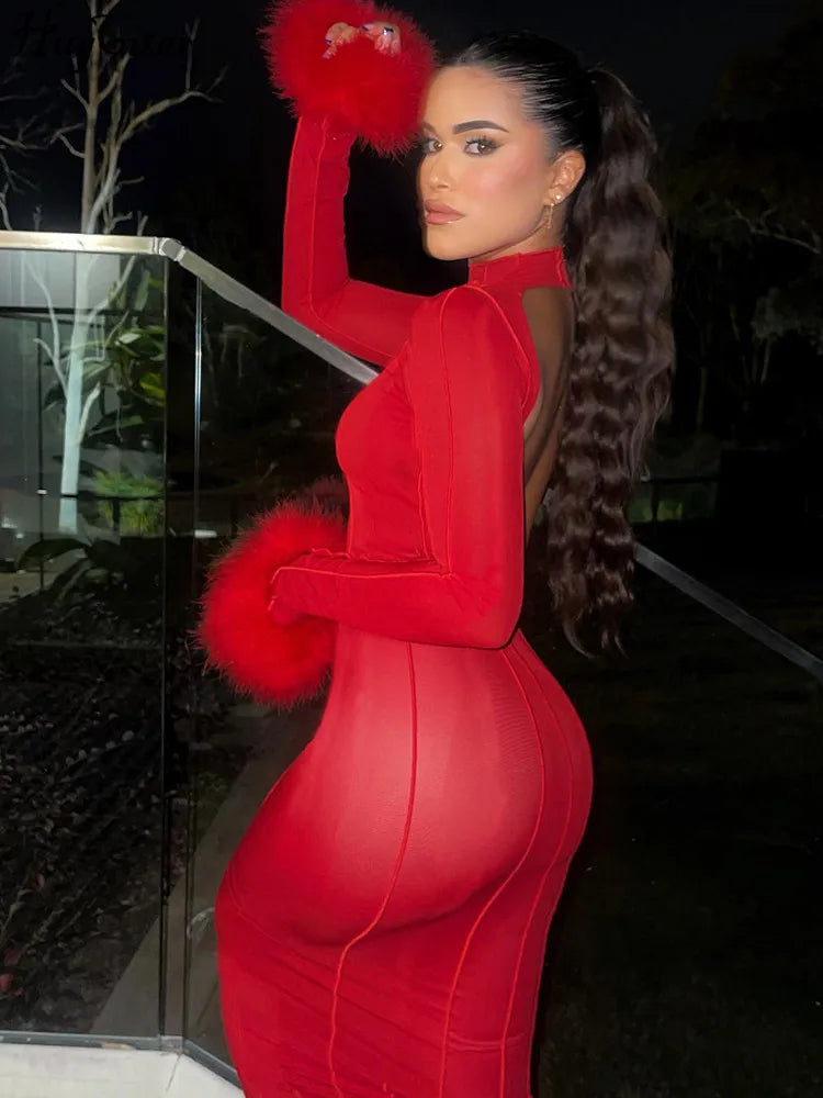 Red Feather Trim Prom Dress - Long Sleeve Maxi Gown