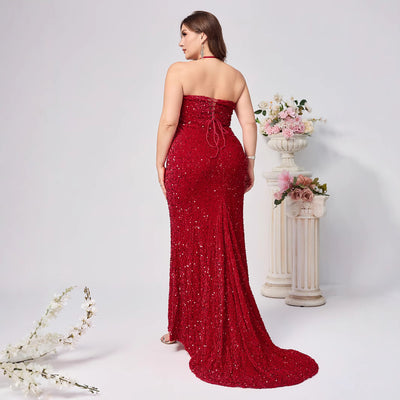 Red Sequin Plus Size Gown - Halter Slit Evening Dress