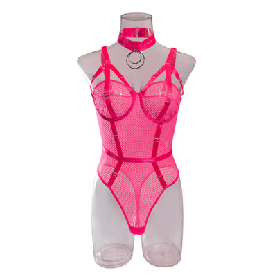 Sexy Lace Bodysuit with Choker - Slim Fit and Steel Ring Support