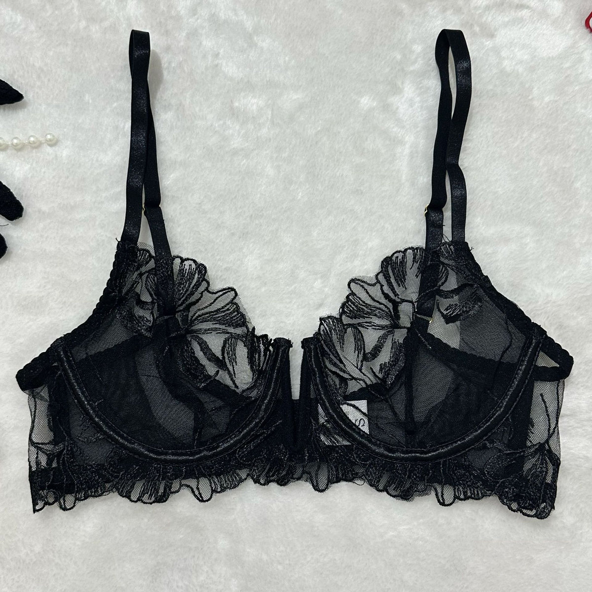Black sheer floral lace underwire bra with lace cups and adjustable straps
