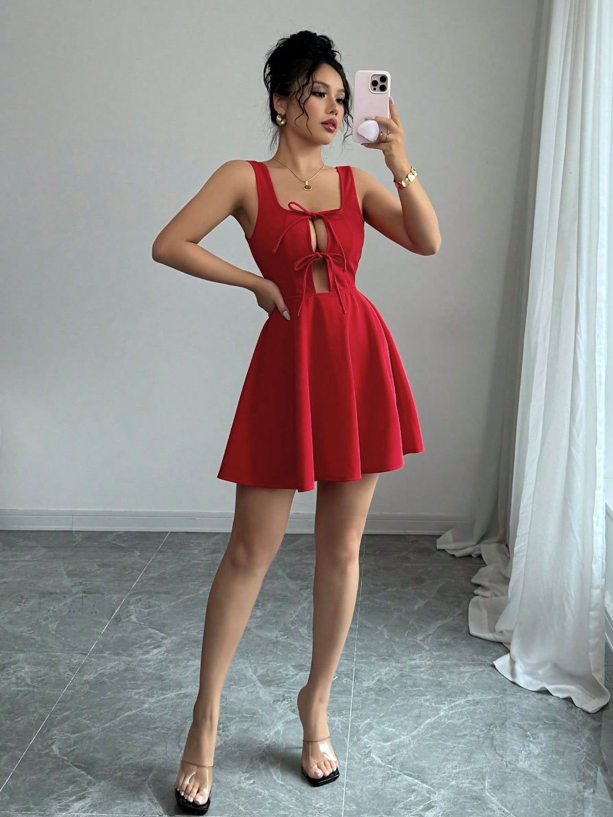 Red Bow Cutout Skater Mini Dress - Square Neck Tie Front