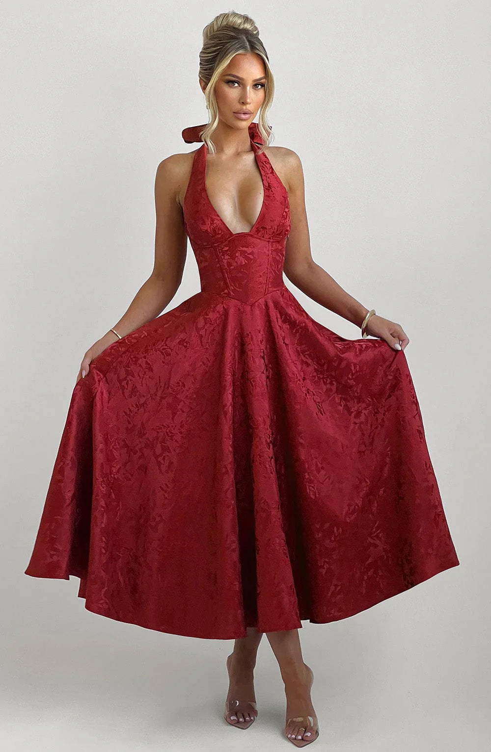 Jacquard Halter Midi Dress - Deep V Corset Waist A-Line Skirt