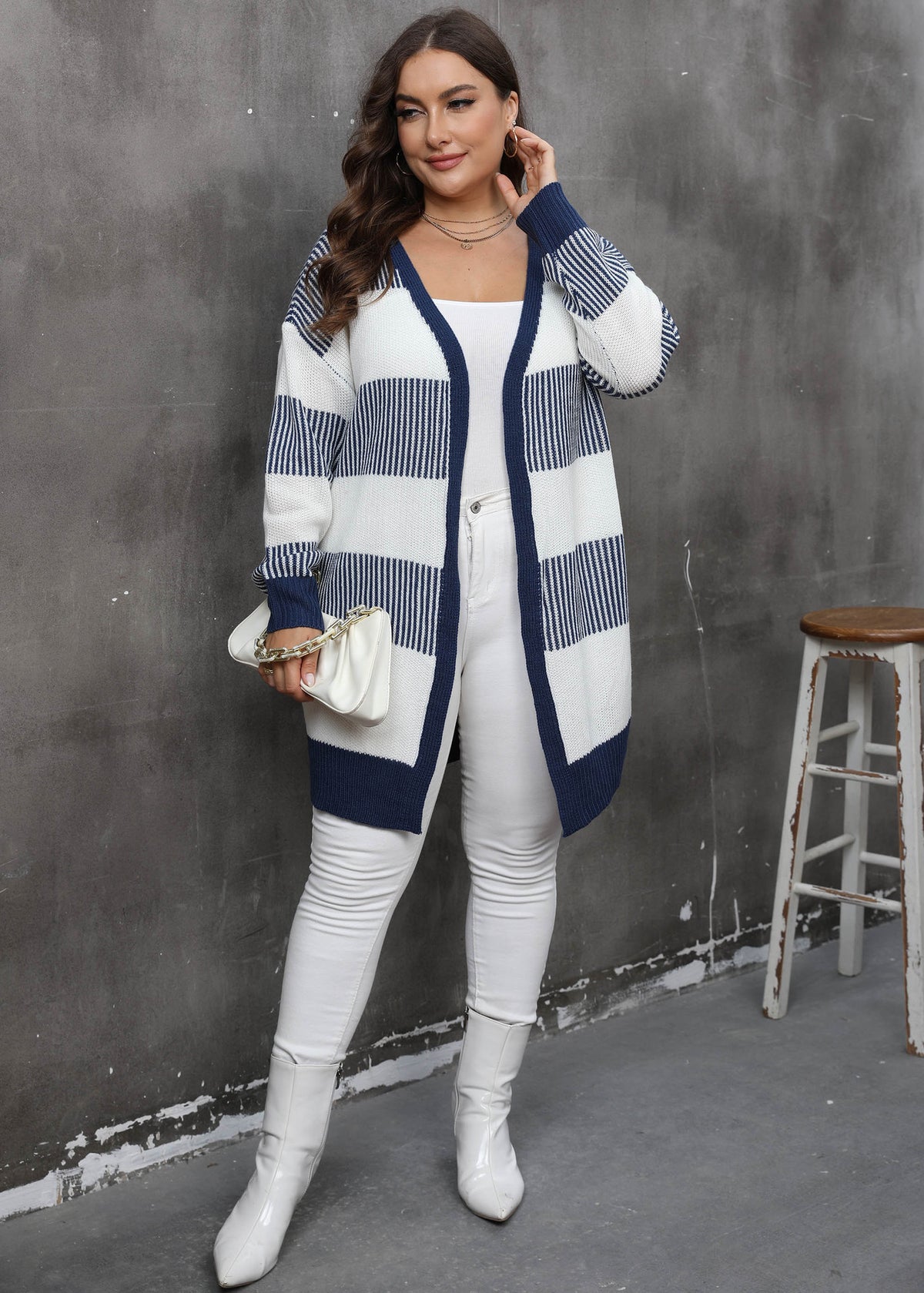 Plus-size striped knit cardigan sweater coat, white and navy blue color blocks