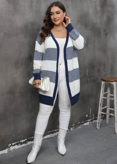Plus-size striped knit cardigan sweater coat, white and navy blue color blocks