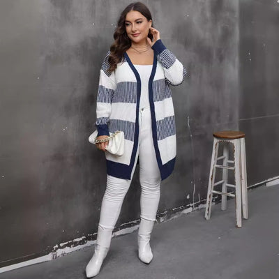 Women's Plus Size Women's Color-block Striped Knitted Casual Sweater Coat