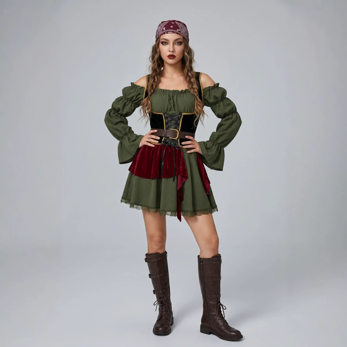 Pirate costume dress in dark green with black corset belt, maroon peplum, headscarf