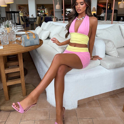 Color Block Halter Bikini Set - 3-Piece Ruched Wrap Skirt Cover