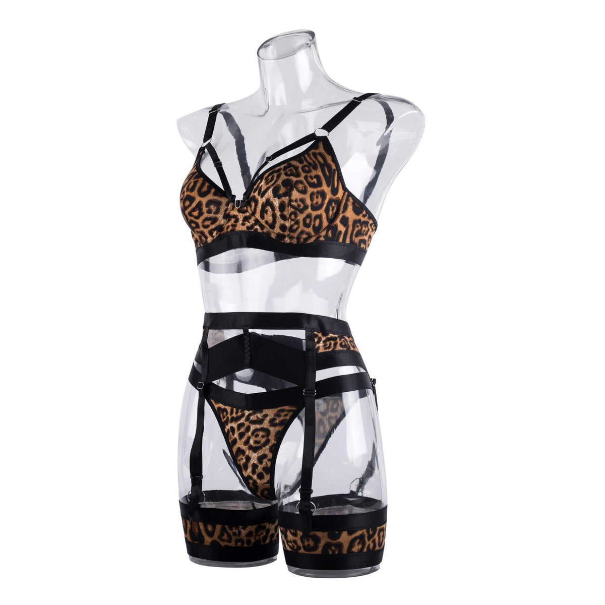 Printed Garter Lingerie Set - Strappy Bra And Thigh Bands