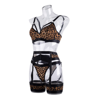 Printed Garter Lingerie Set - Strappy Bra And Thigh Bands