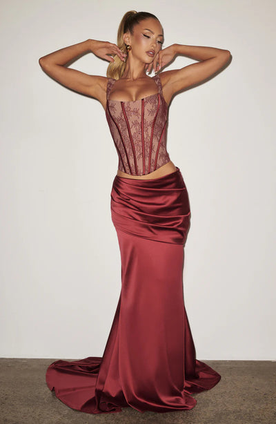 Lace Corset Top and Maxi Skirt Set - Ruched Satin-Look Finish