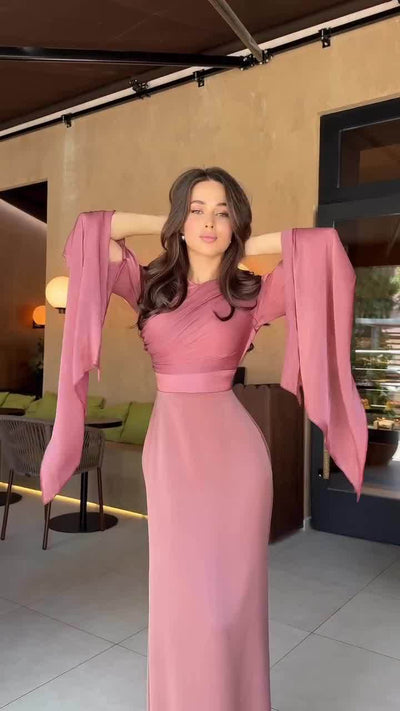 Long Sleeve Maxi Dress - Draped Bodice and Split Sleeves