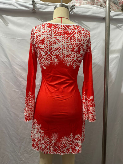 V-neck Stretch Sunken Stripe Christmas Printed Flared Sleeve Dress