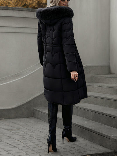 Scallop-Quilted Long Puffer Coat - Faux-Fur Trim Hood