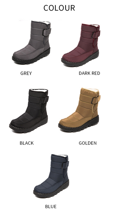 Assorted winter ankle boots in black, dark red, grey, golden, and blue, with buckle.