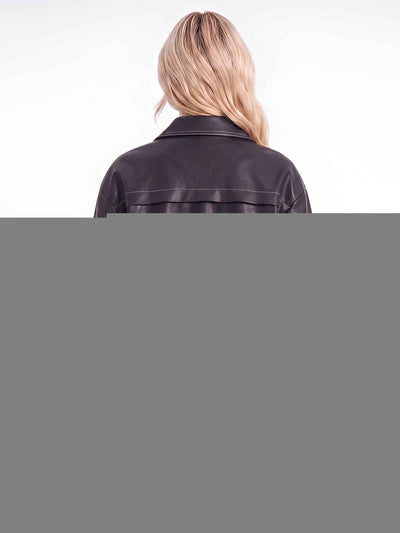Women's Faux Leather Jacket - Oversized Fit and Contrast Seams
