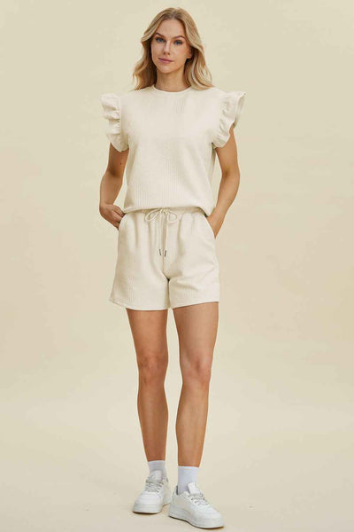 Double Take Full Size Texture Round Neck Ruffle Sleeve Top and Shorts Set